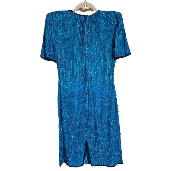 Vintage Laurence Kazar Sequin‎ Cocktail Formal Party Dress Teal Women's Size S - Picture 3 of 7